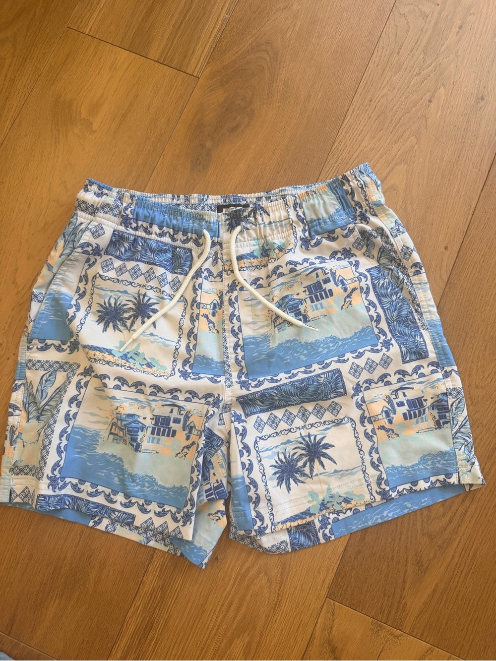 RSQ Blue & White Tropical Patchwork Swim Trunks